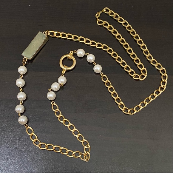 Gold-tone Chain Faux Pearl and Druzzy Crystal 34” Long Necklace - Picture 7 of 12